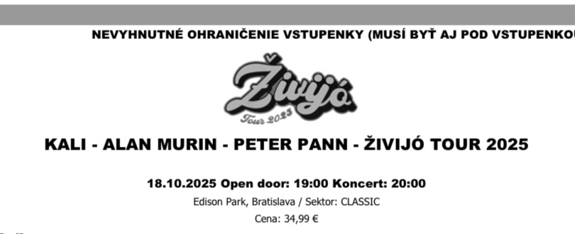 Lístky na koncert Kali- Peter Pann- Alan Murín 18.10.2025, B