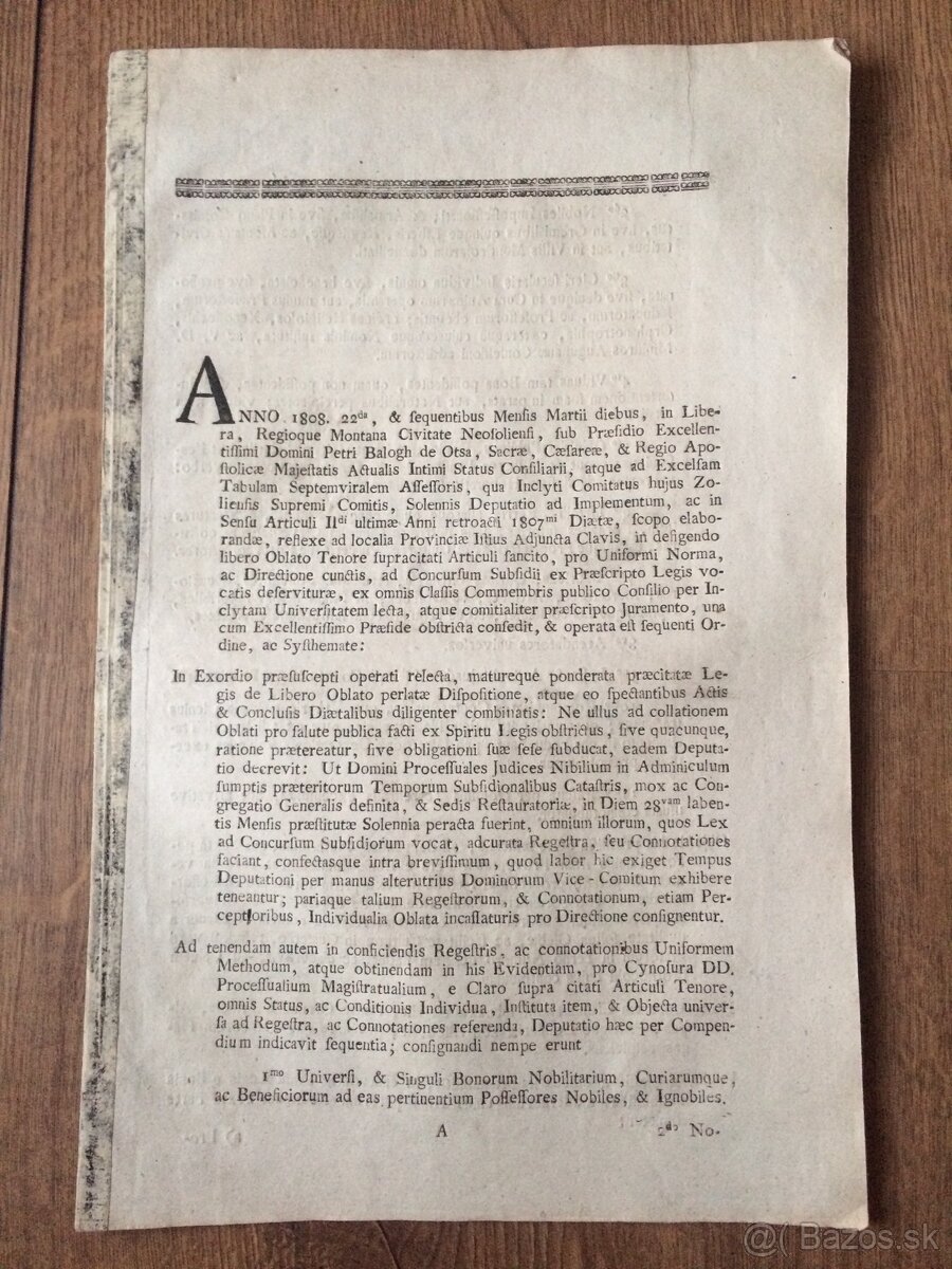 Krajinský zákon/daňový výmer Zvolenská stolica (1808)