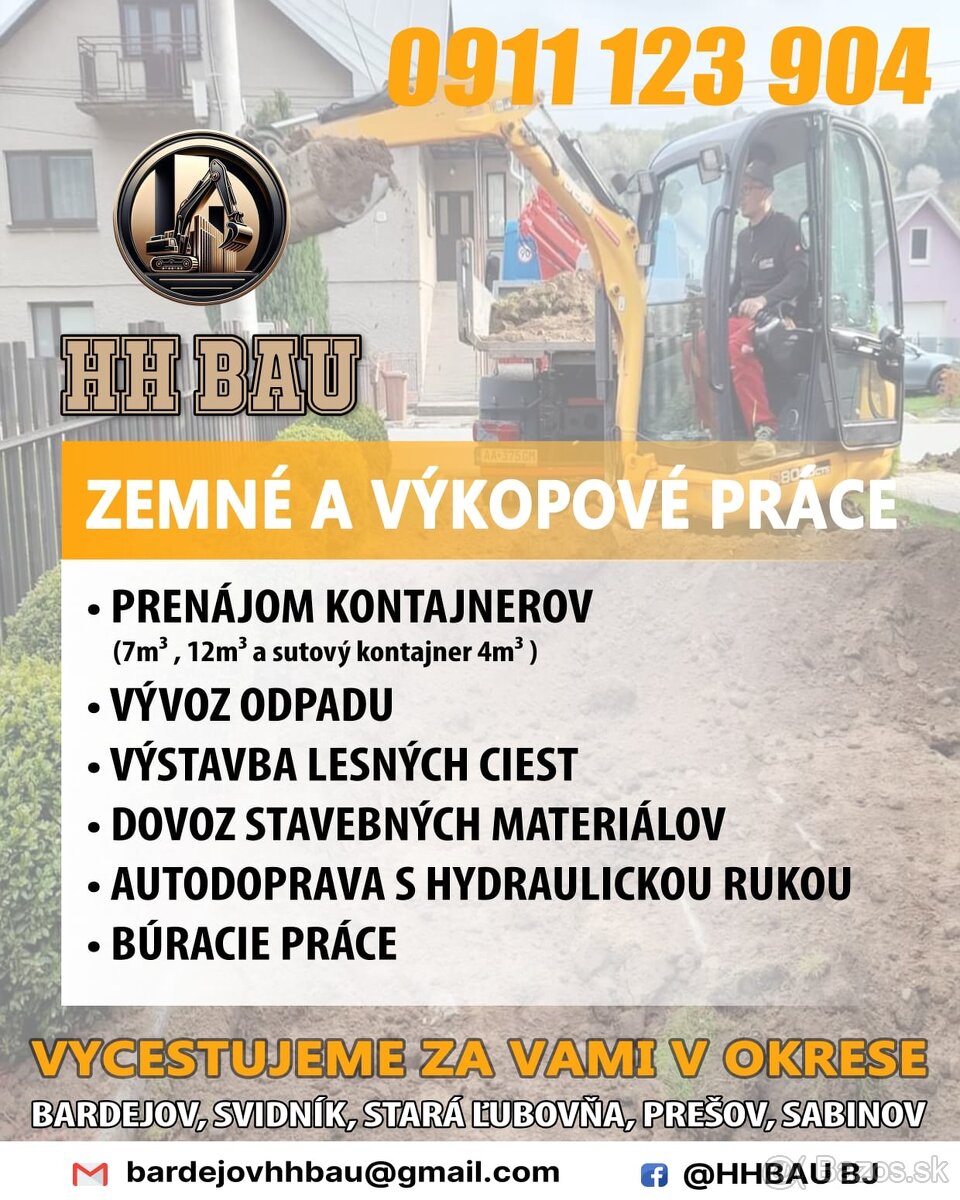 Zemné práce, kontajner na odpad a hydraulická ruka