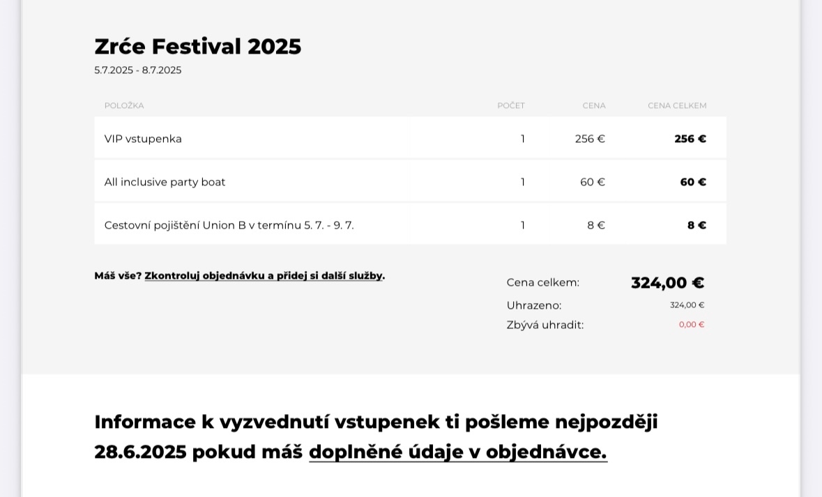 Predám VIP lístok na ZRĆE festival + párty loď- VÝHODNÁ CENA