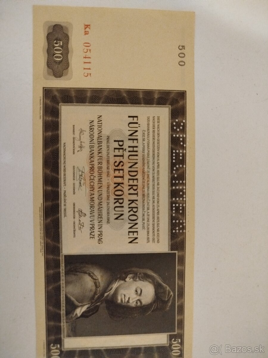 500 korún 1942 Protektorát. SPECIMEN Top stav