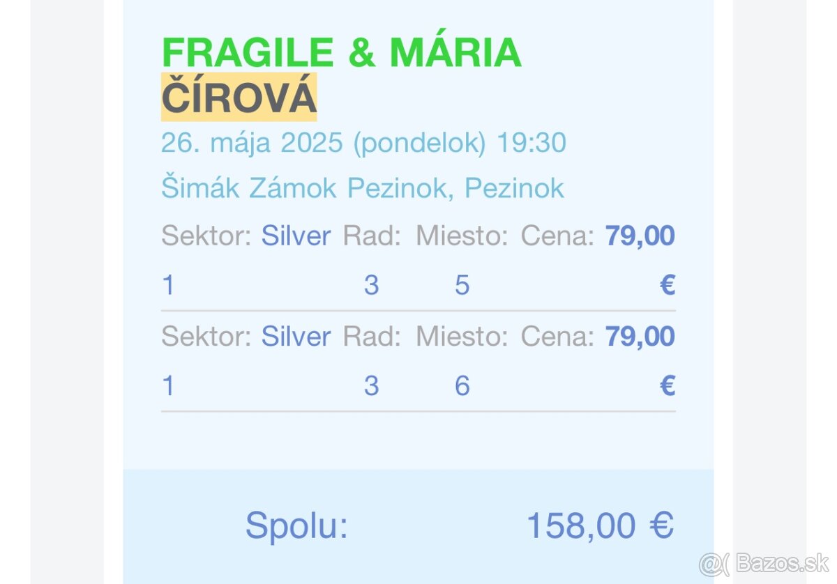 2x lístky Mária Čírová & Fragile 26.5. (Pezinok)