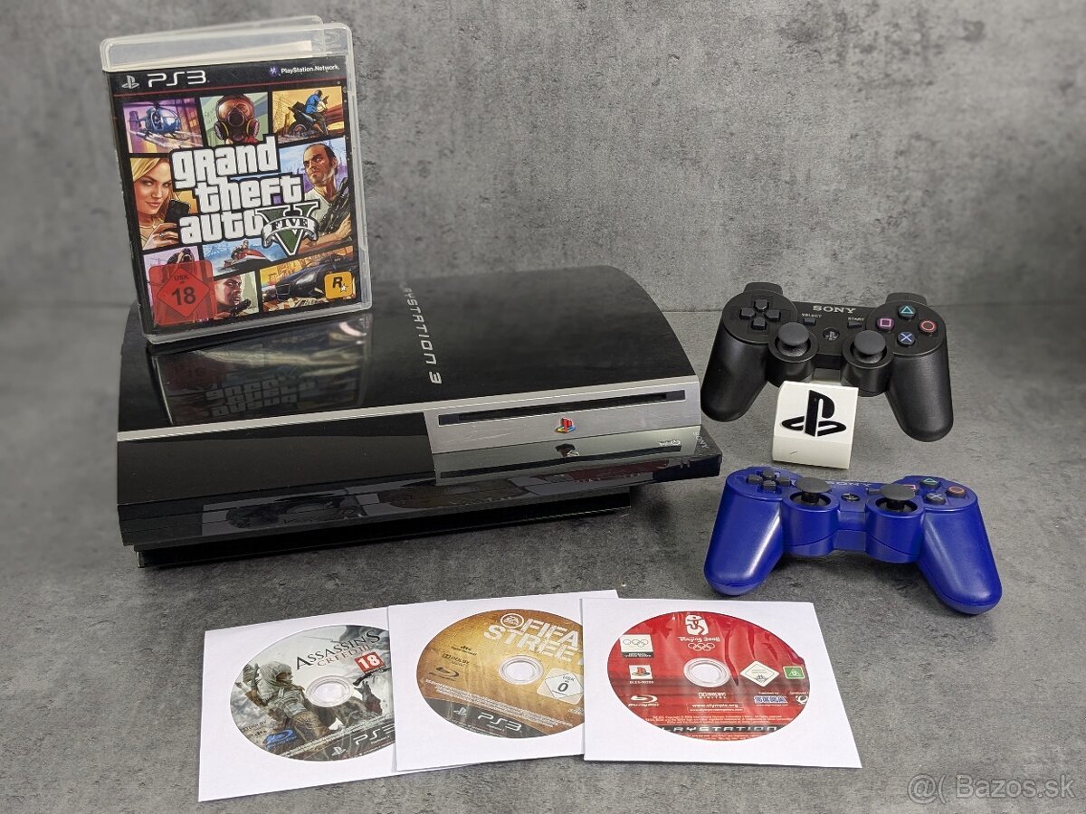 Playstation 3 FAT, 2 ovládače, GTA 5, Assassins Creed +2 hry