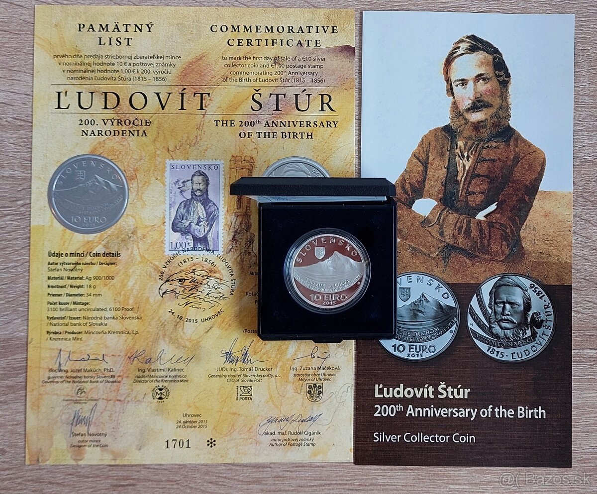 10 Euro 2015 Ľudovít Štúr proof +Pamätný list