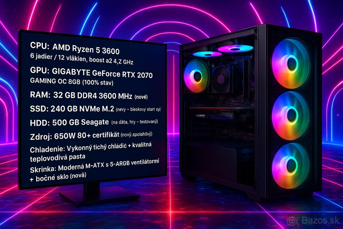 Výkonný herný PC – Ryzen 5 3600 + RTX 2070 8GB + 32GB RAM