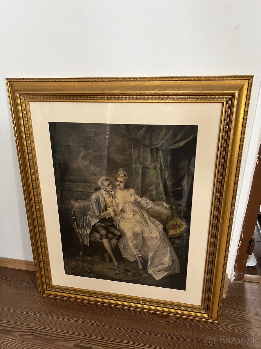 Velky obraz historicky motiv v drevenom zlatom rame 85x72cm