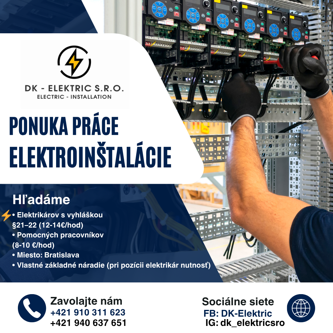 Ponuka práce elektrikárov a pomocníkov – Bratislava