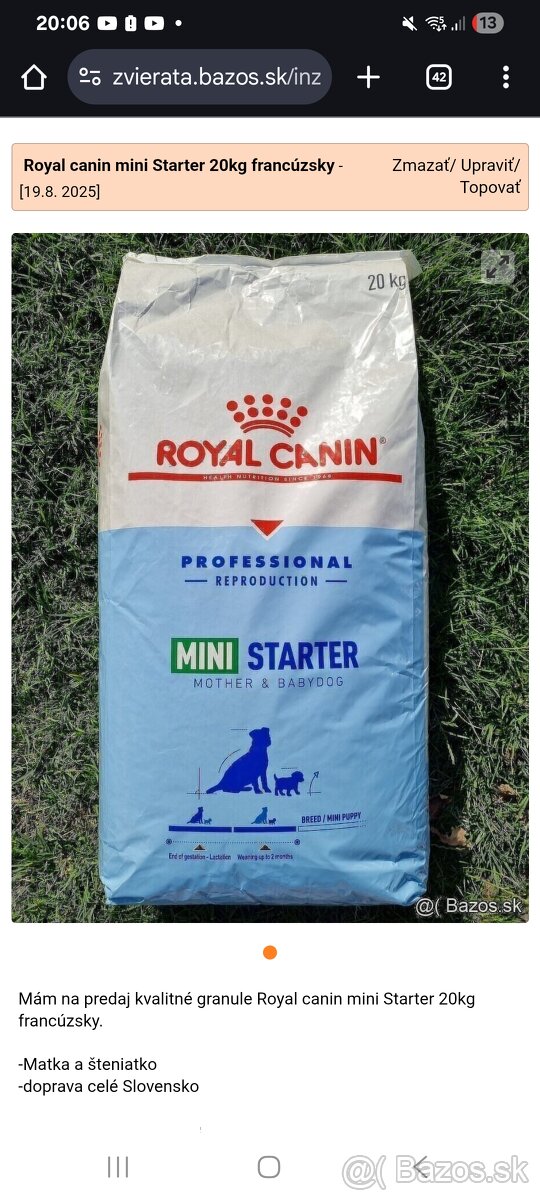 Royal canin mini Starter 20kg francúzsky