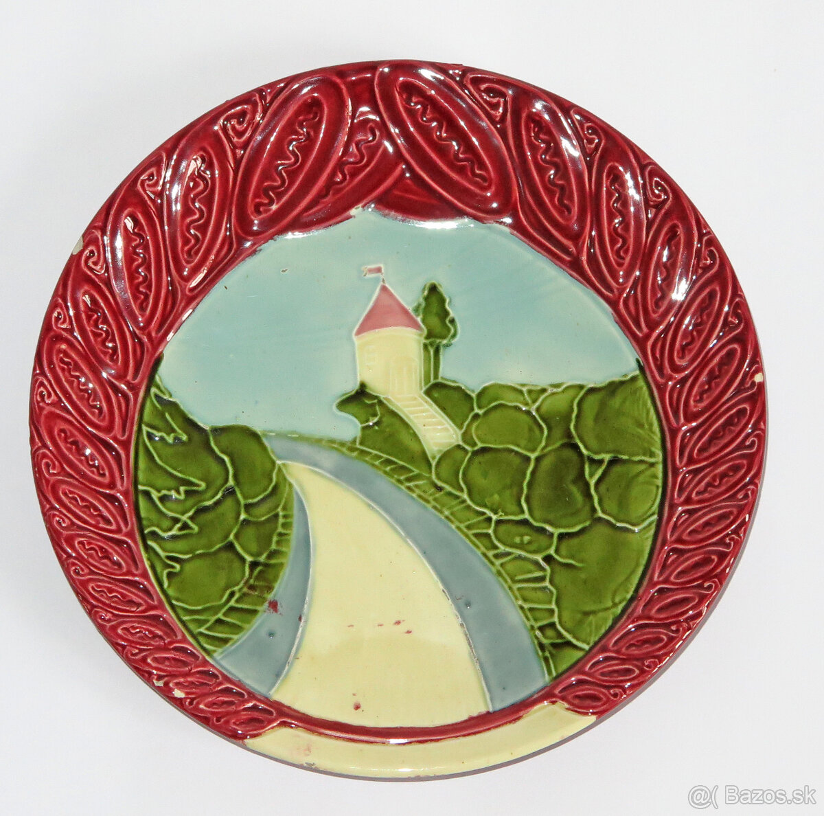 Starožitný secesný nástenný tanier kamenina