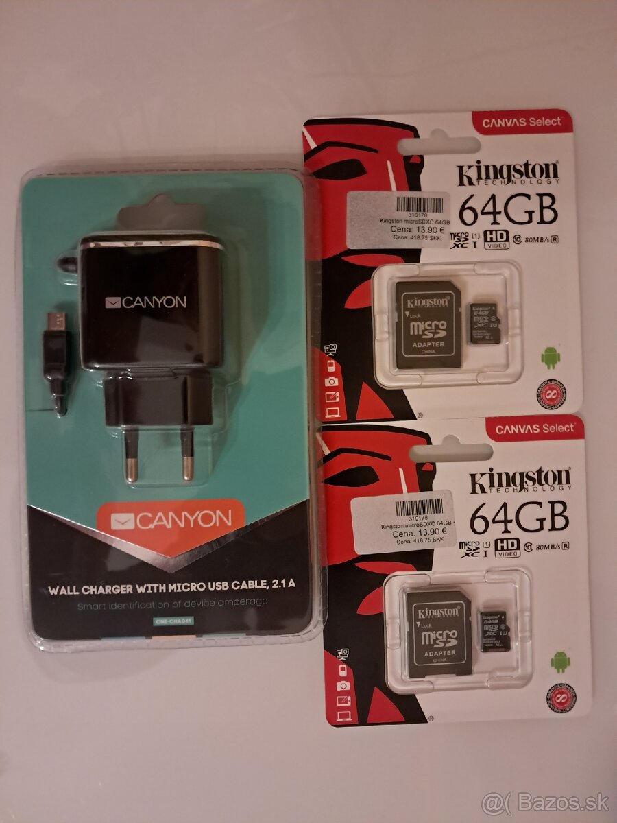 2x Micro SDXC 64 GB Kingston plus Canyon nabíjačka.