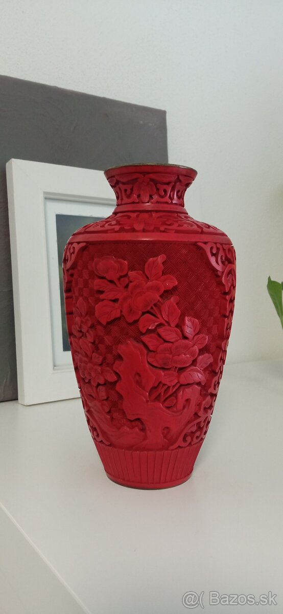 Starožitná čínska vyrezávaná váza z Cinnabaritu (rumelka) 18