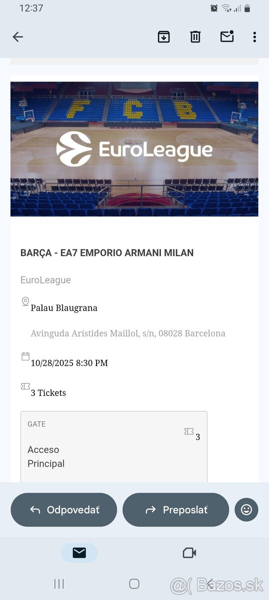 Predam listky na Basketbal BARÇA - EA7 EMPORIO ARMANI MILAN