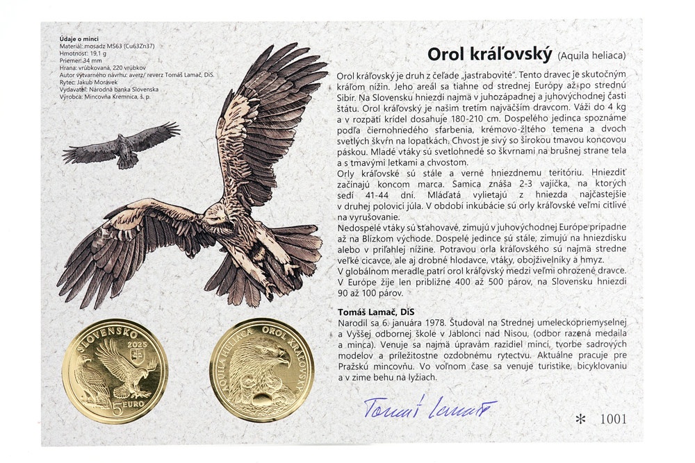 Autorská karta, 5€ minca, Orol Kráľovský