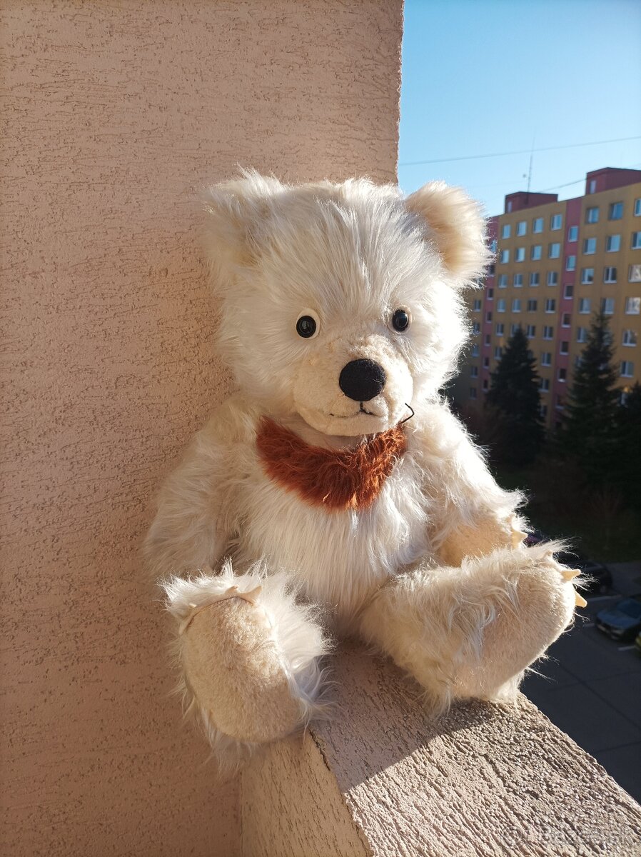 Retro hračka plyšový medvedík plnený slamou, vysoký 60 centi