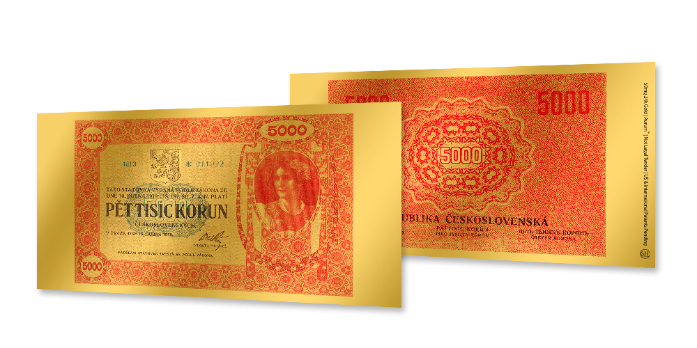 Československá bankovka replika 5000 Kč z rýdzeho zlata
