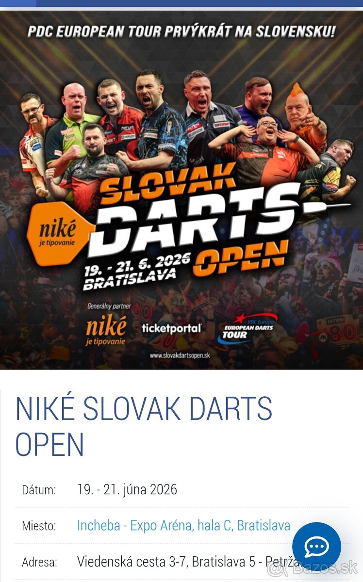 Slovak Darts Open - predám 2 lístky Sektor A