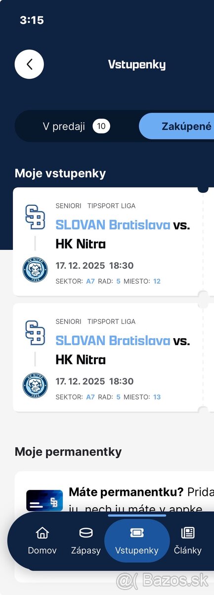 Slovan - Nitra 17.12 dva listky