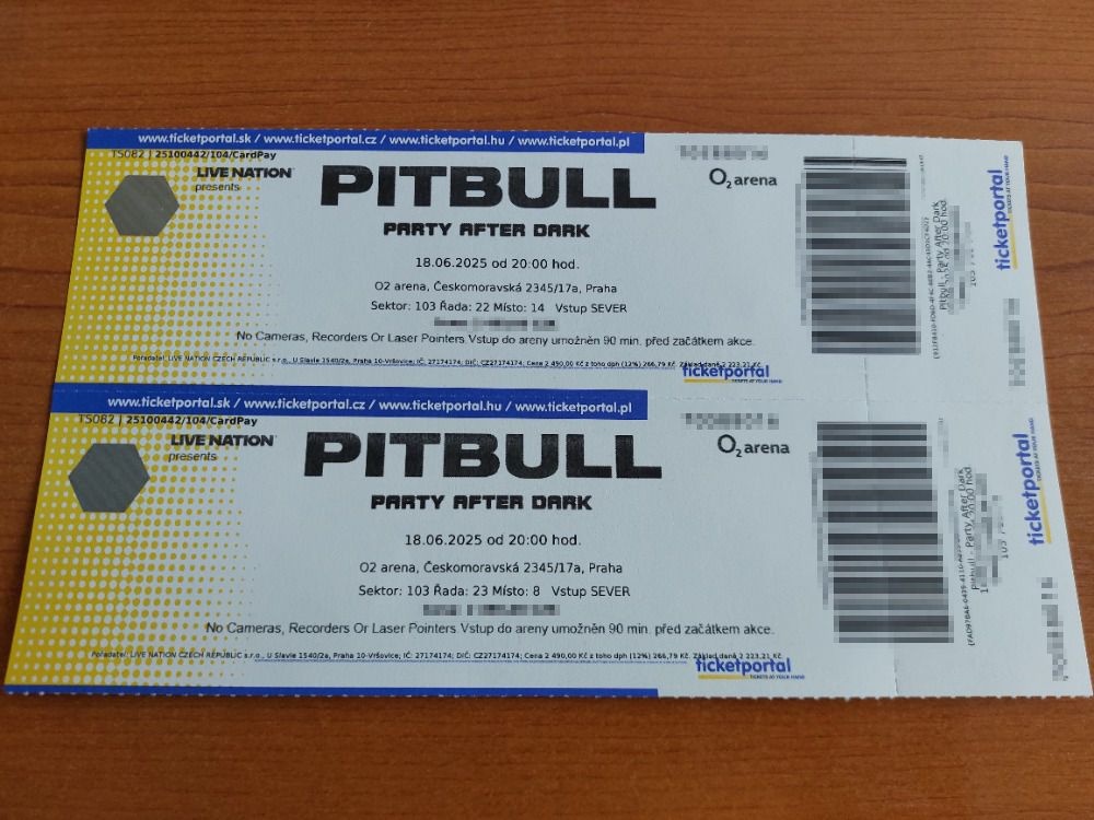 2 papírové vstupenky Pitbull - Praha - sezení sektor u pódia