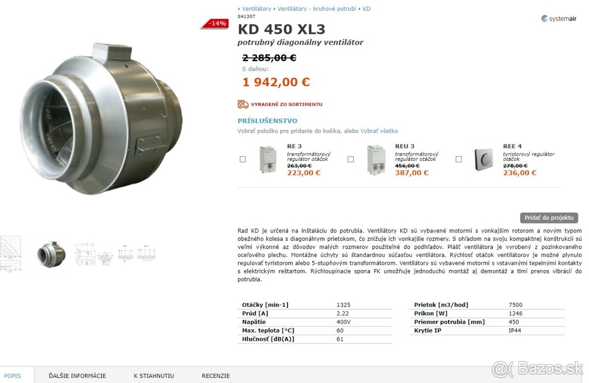 SystemAir KD 450 XL3 potrubný diagonálny ventilátor