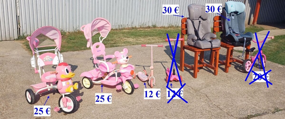 bicykel trojkolesový, kolobežka, detská sedačka
