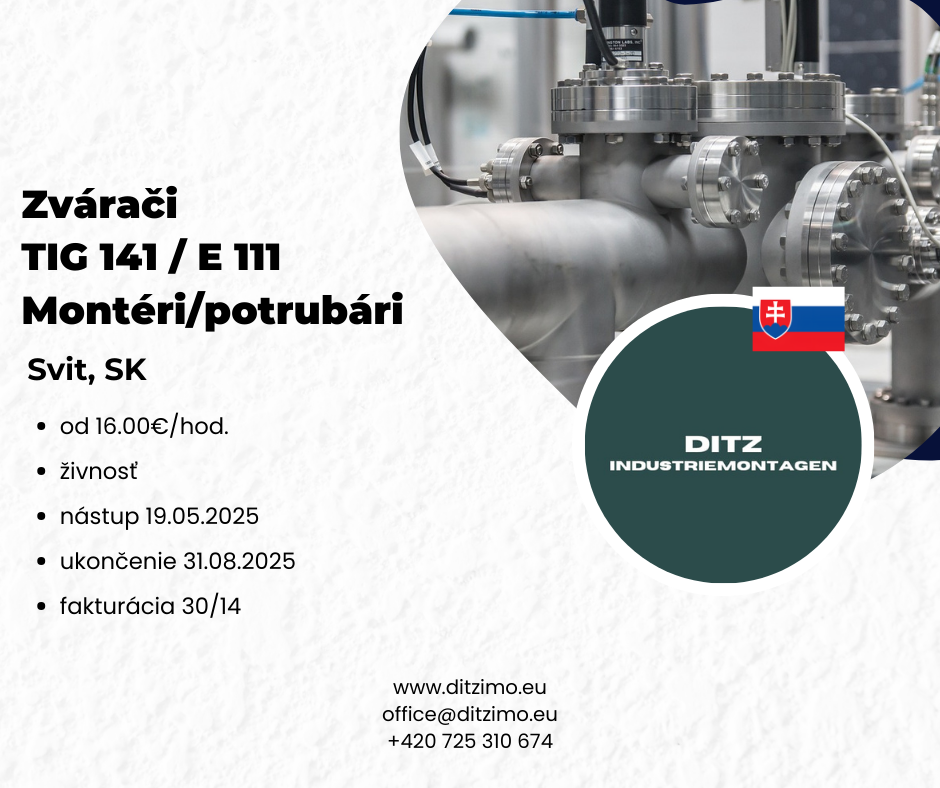 Zvárači TIG 141, E 111, montéri, potrubári, Svit