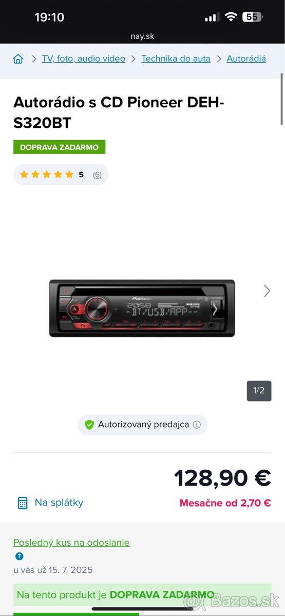 Autorádio s Bluetooth a CD Pioneer DEH-S320BT