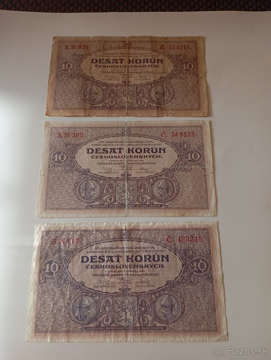 BANKOVKY 10 KČS 1927, RŮZNÉ SÉRIE, VŠE NEPERFOROVANÉ