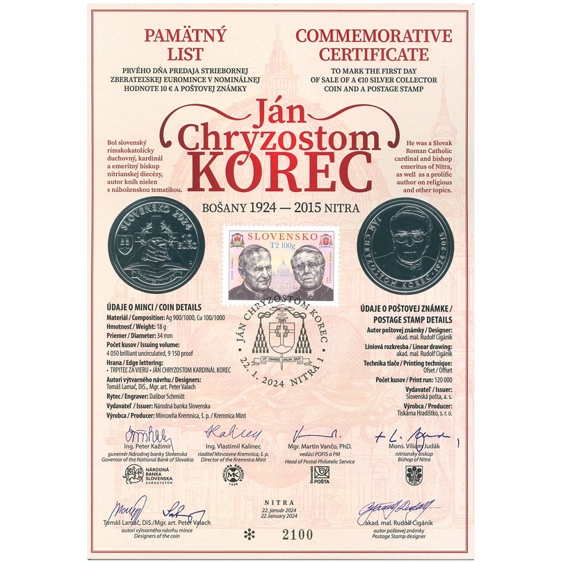 Pamätný list 2024 Slovensko, Ján Chryzostom Korec a Jozef To