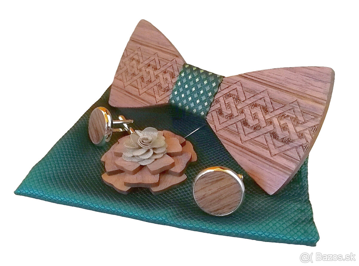 Zelený drevený motýlik - set s brošňou