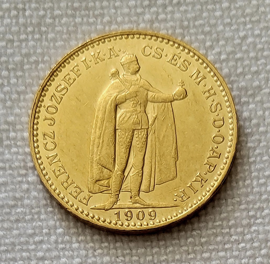 Zlatá uhorská 20 koruna FJI, 1909 kb, lepší ročník