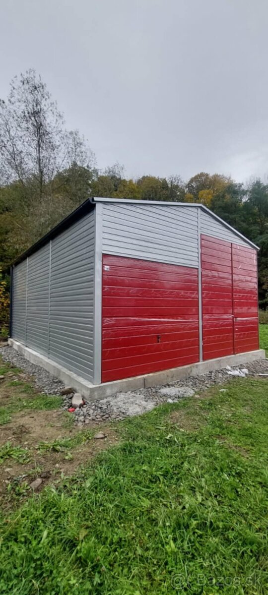 Plechová garáž / sklad 6×8 m – dvojspádová strecha, RAL 3011
