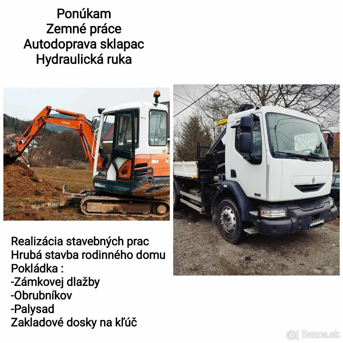 Zemné a výkopové práce autodoprava s hydraulickým rukou.