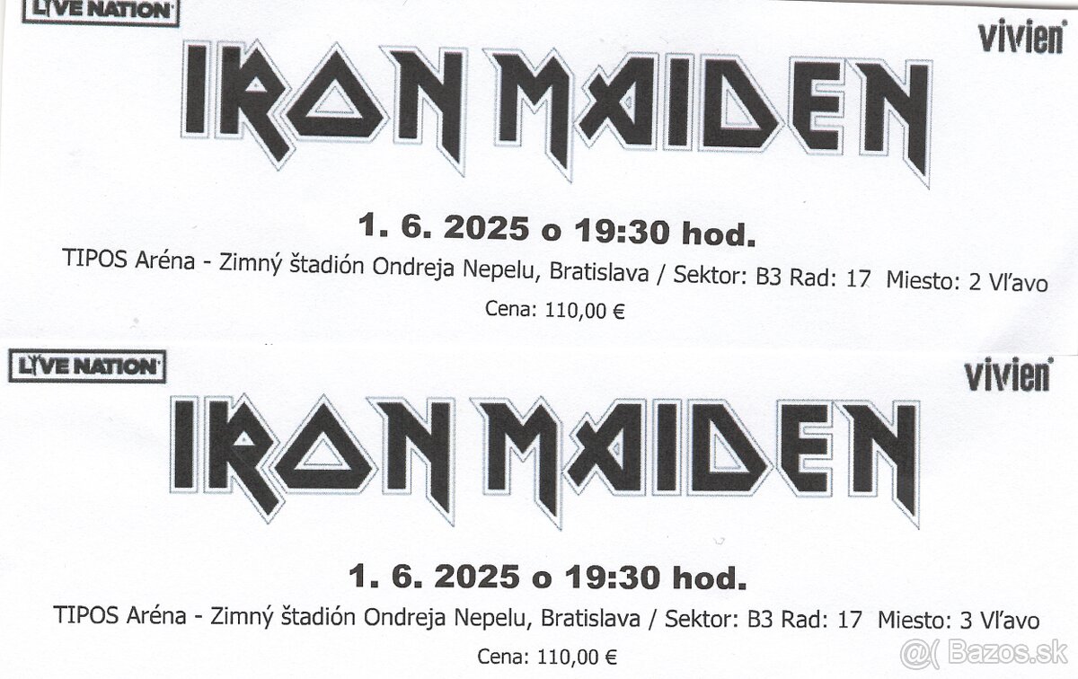 IRON MAIDEN Bratislava 2 vstupenky