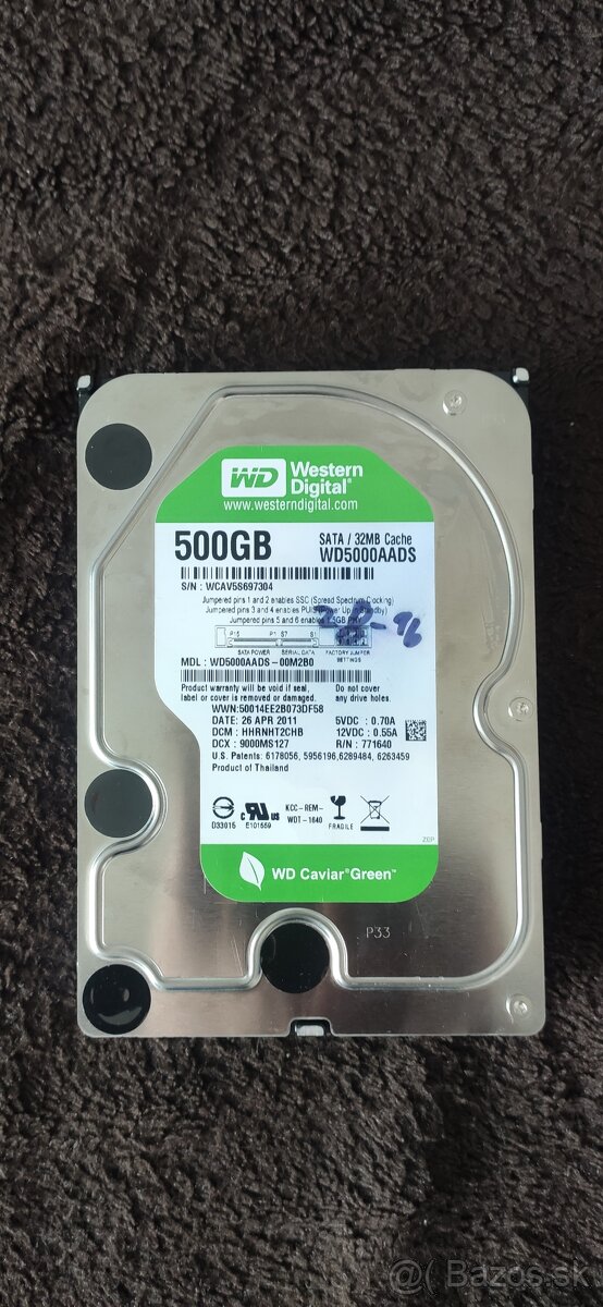 Predám HDD WDC 500 GB, 3,5", funkčný