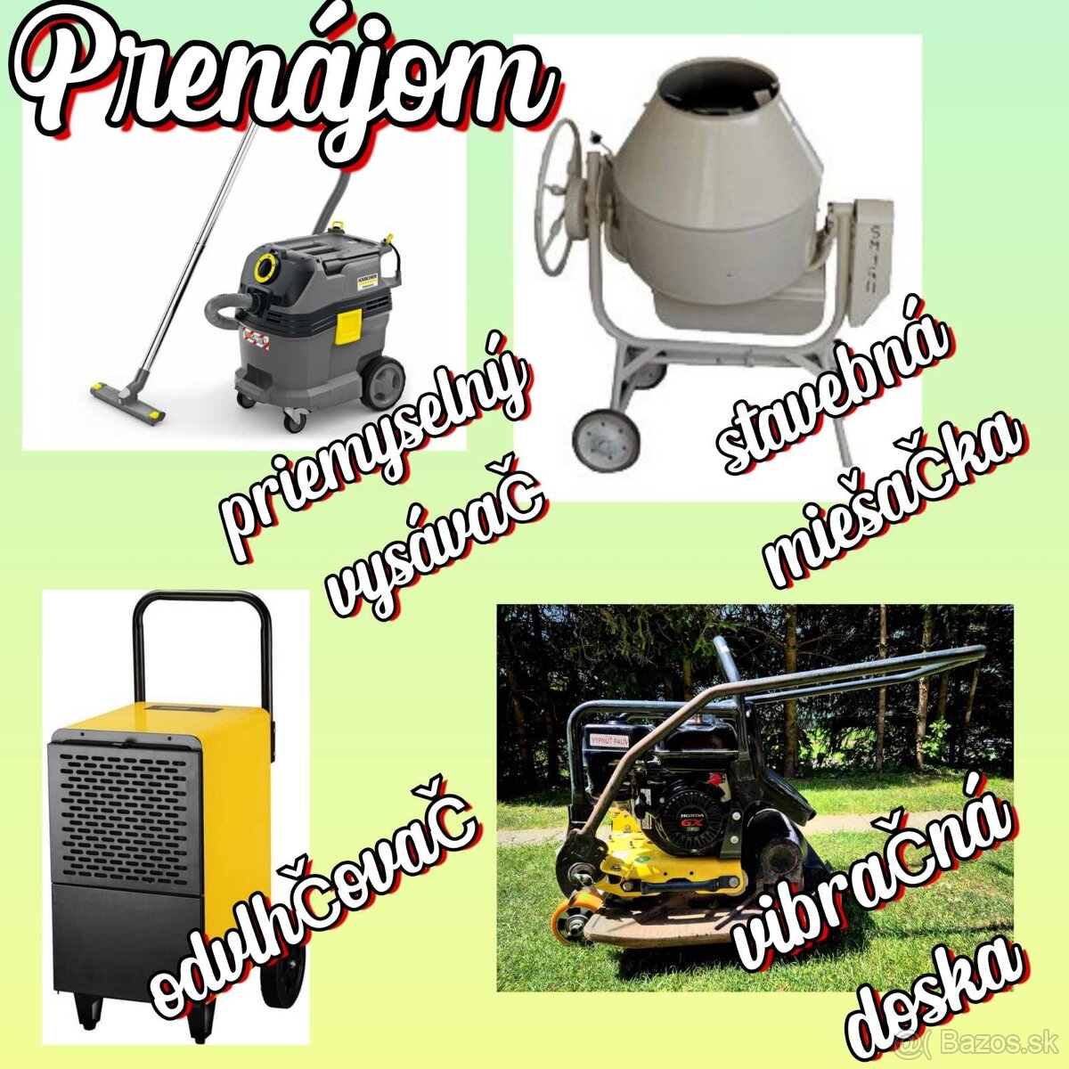 Vibračná doska,profesionálny odvlhčovač,stavebná miešačka,