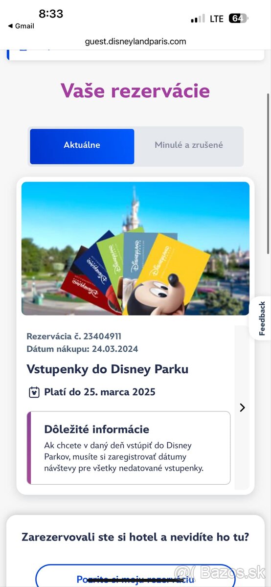 2 lístky do Disneylandu v Paríži