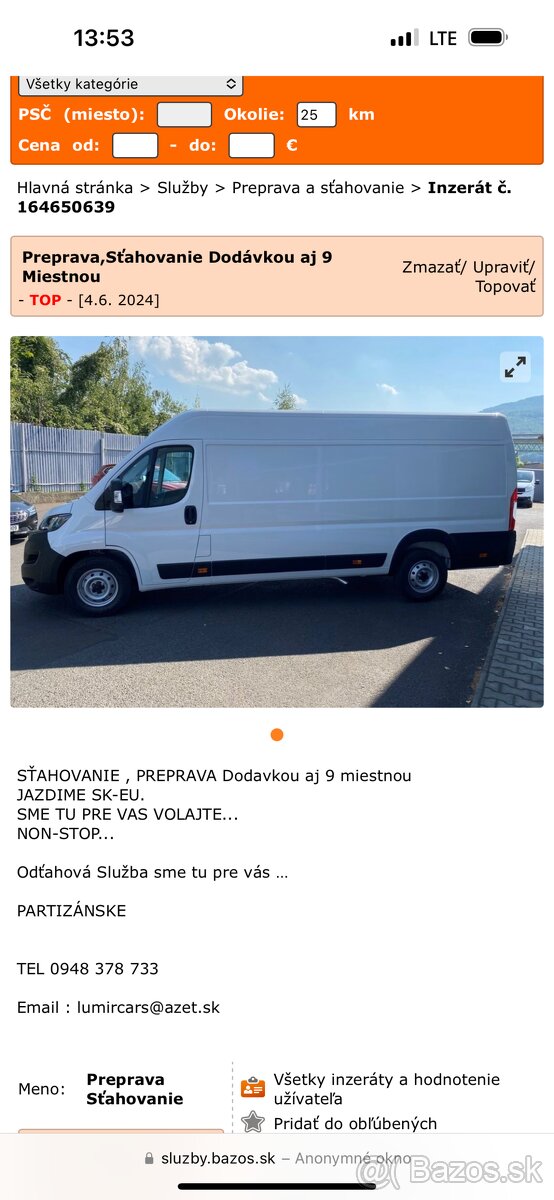 Ponukam Prepravu a Sťahovanie Dodávkou do 3.5 T A Oďtah