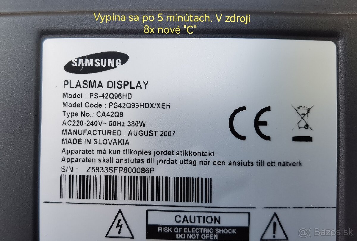 Predám Plazmu na opravu Samsung PS-42Q96HD