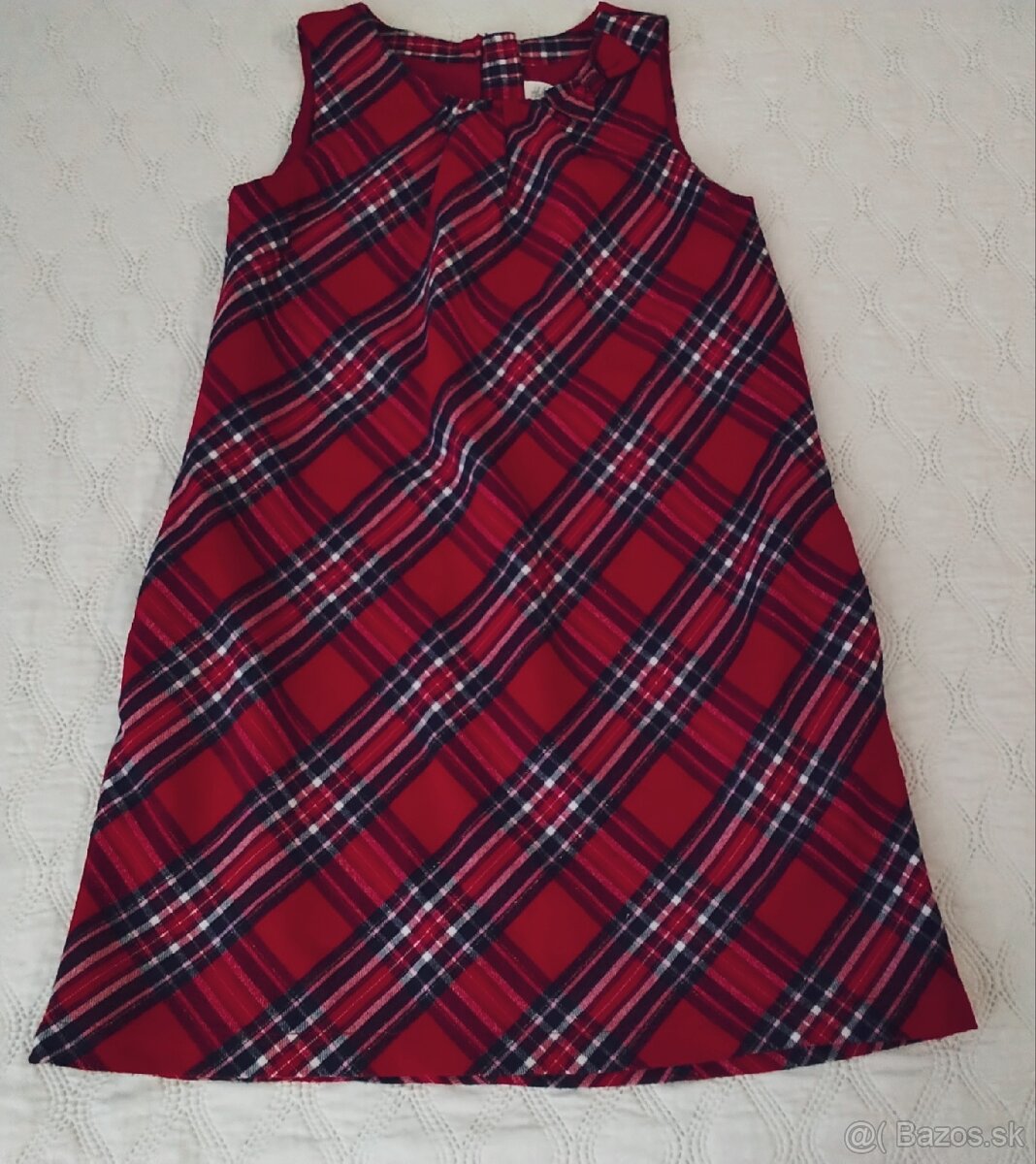 H&M kárované červené trblietavé šaty s mašľou a vreckami,140