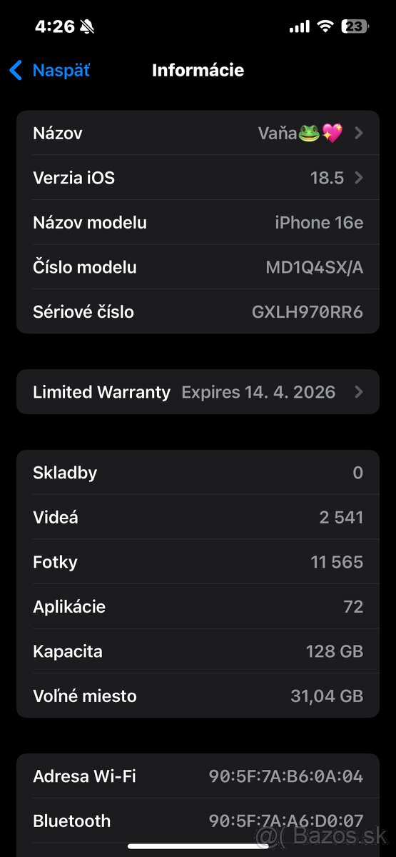 Vymením iphone 16e black 100% batérie