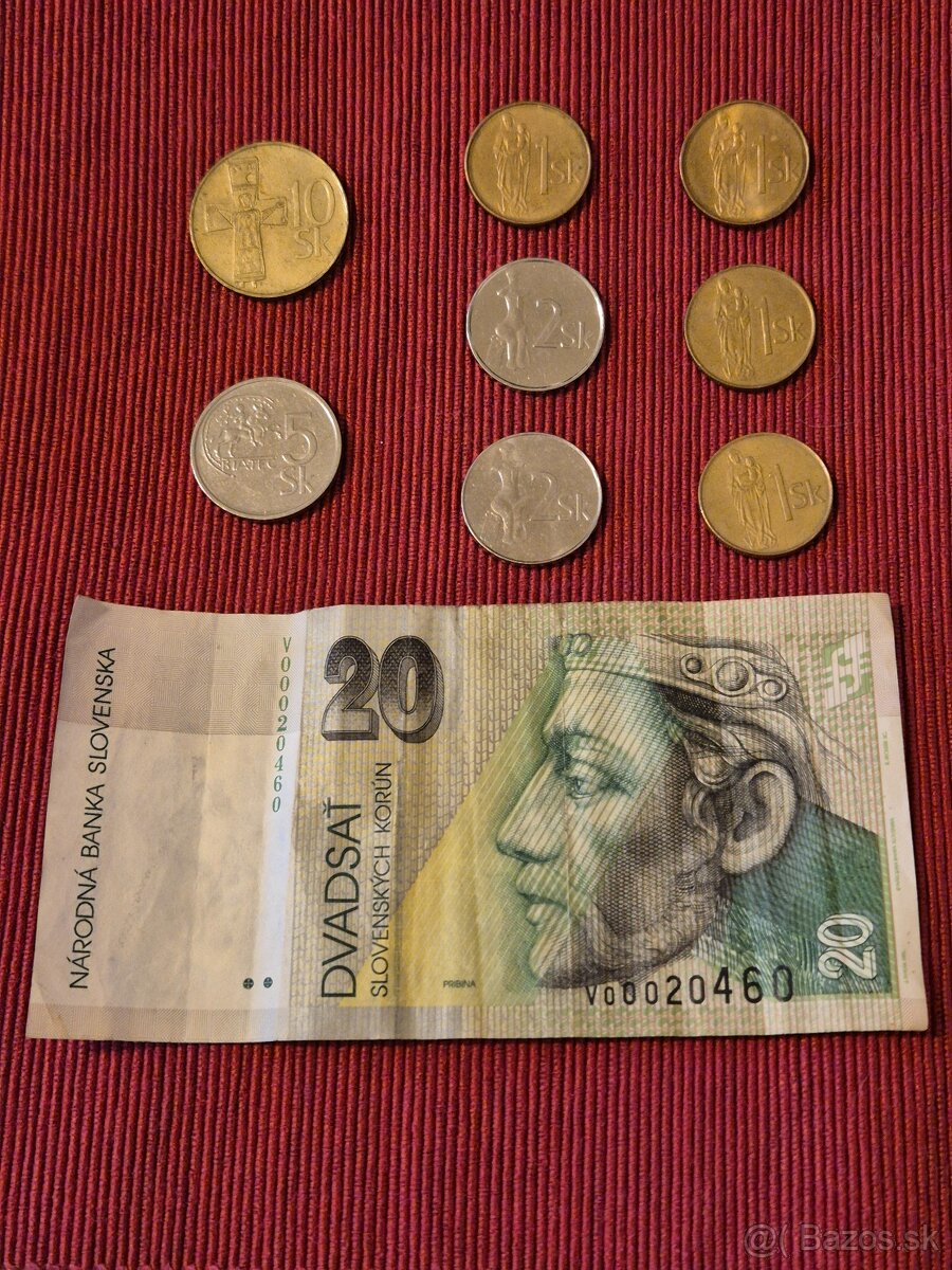 Slovenské korunové mince a 20 Sk bankovka
