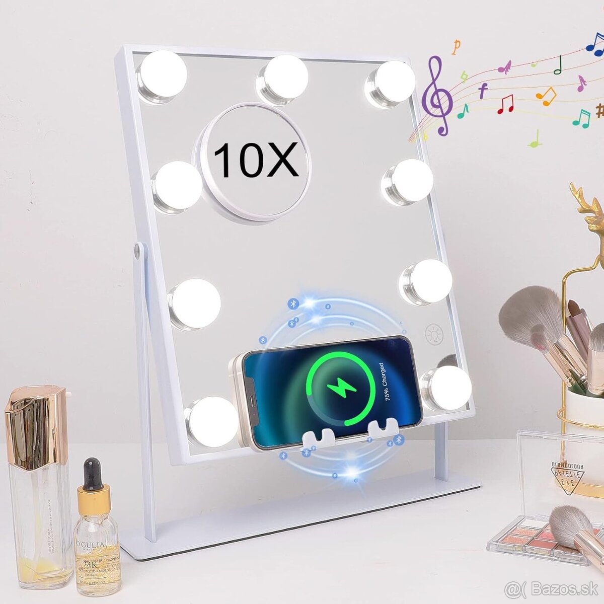 Zrkadlo s reproduktorom a bezdrôtovou nabíjačkou s 9 žiarovk