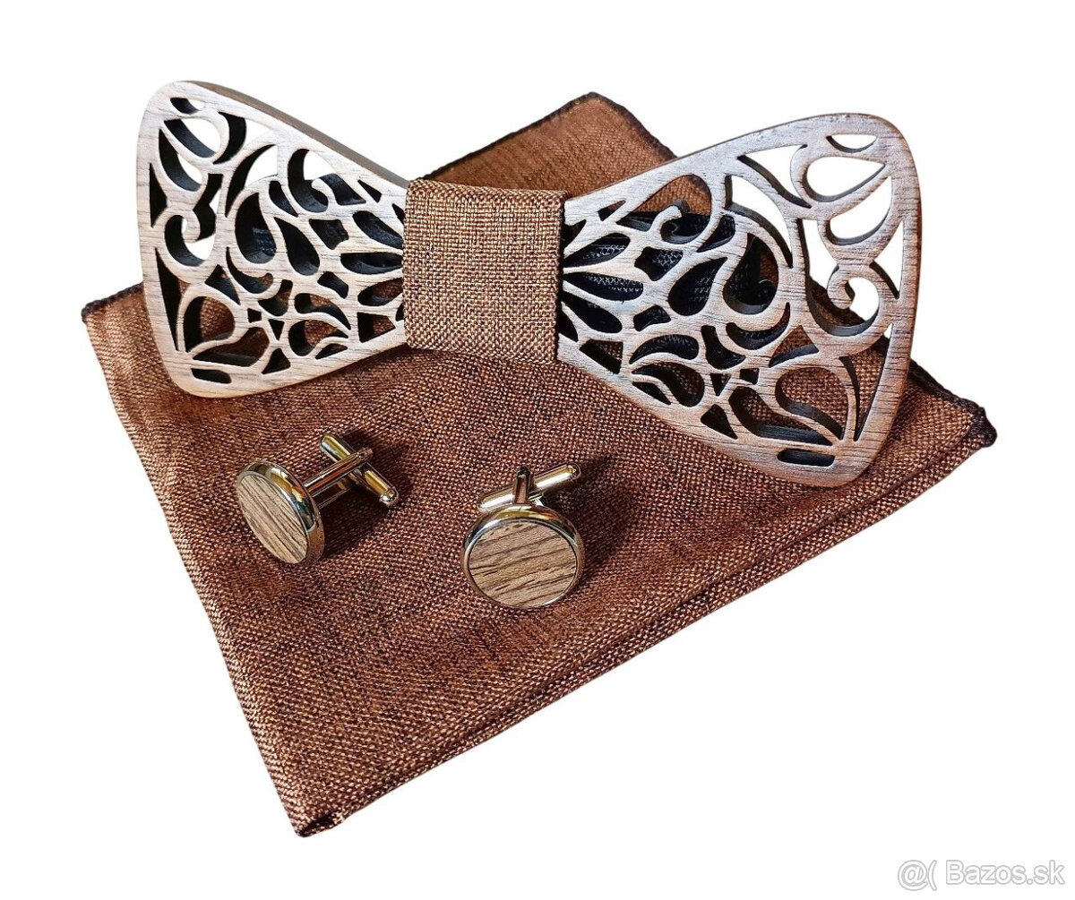 Hnedý drevený motýlik - kompletný set