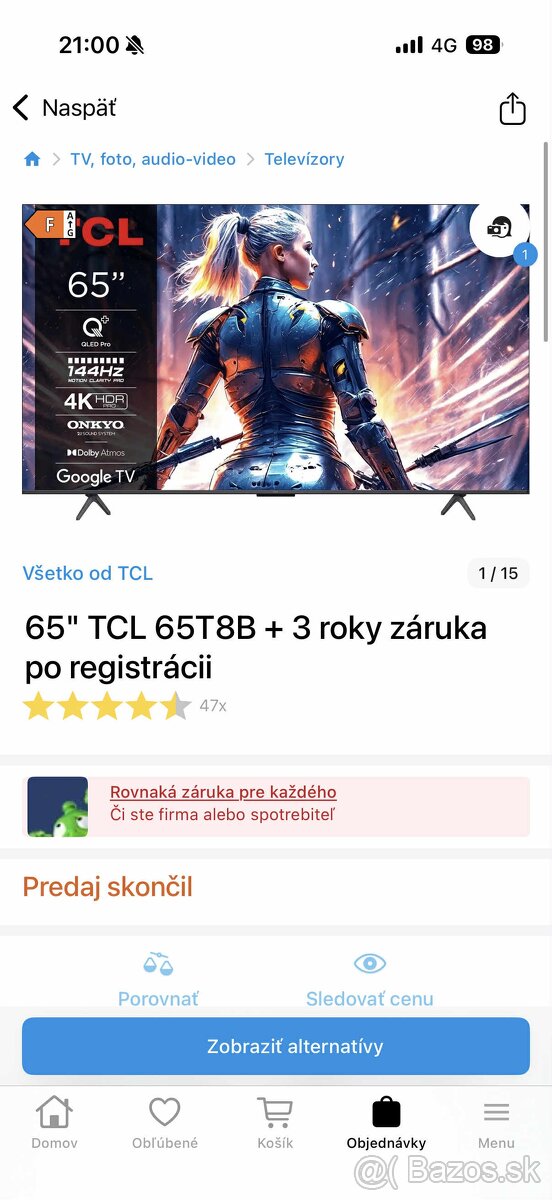 Predám televízor TCL 65T8B