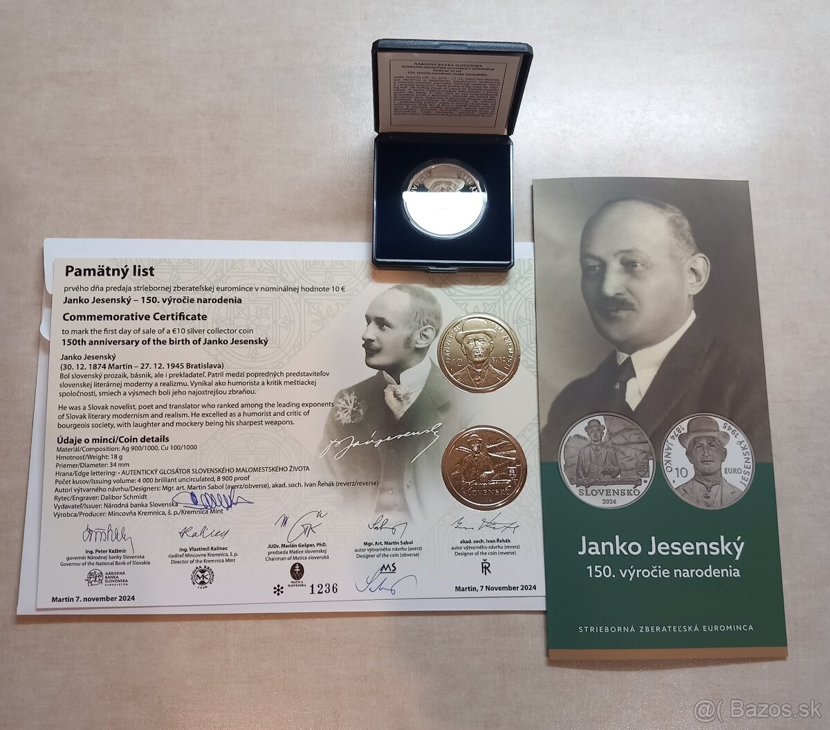 Predám mincu 10 euro Jesenský s pamätným listom, Proof