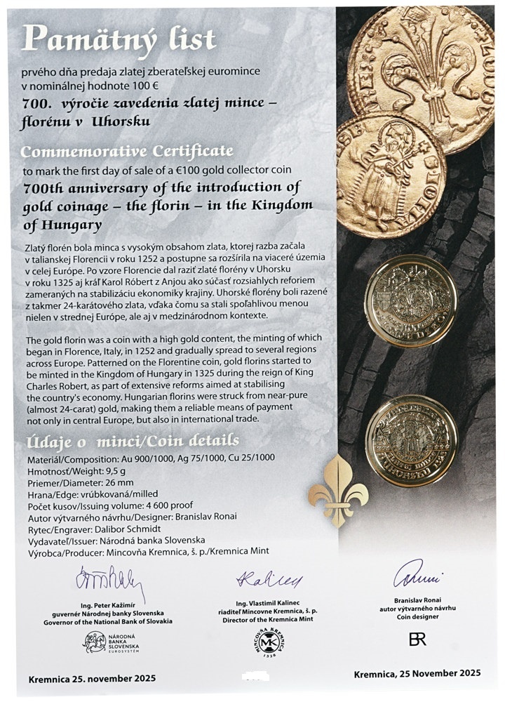 PL k 100 eur - Zavedenie zlatej mince – florénu v Uhorsku