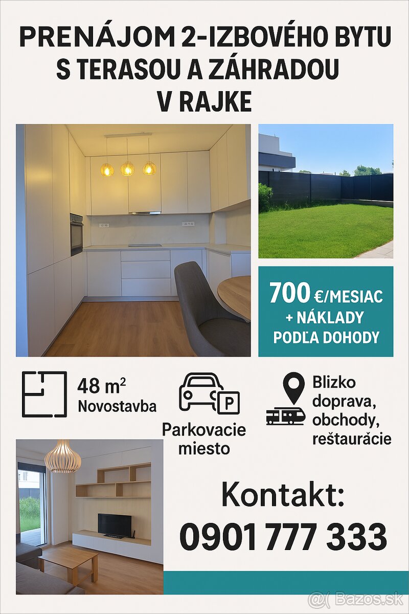 Prenájom 2-izbového bytu s terasou a záhradou v Rajke