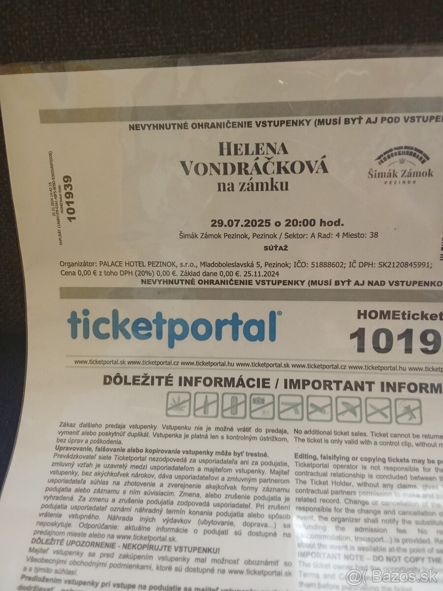Dobrý deň predam 2 vstupenky na koncert heleny vondrackovej.