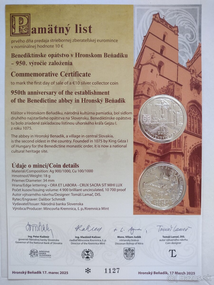 Pamätný list - Benediktínske opátstvo v Hronskom Beňadiku