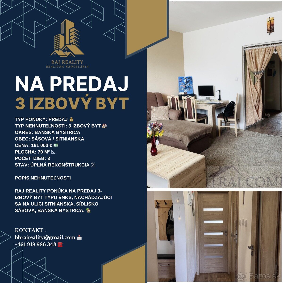 3 IZBOVÝ BYT NA PREDAJ SÁSOVÁ